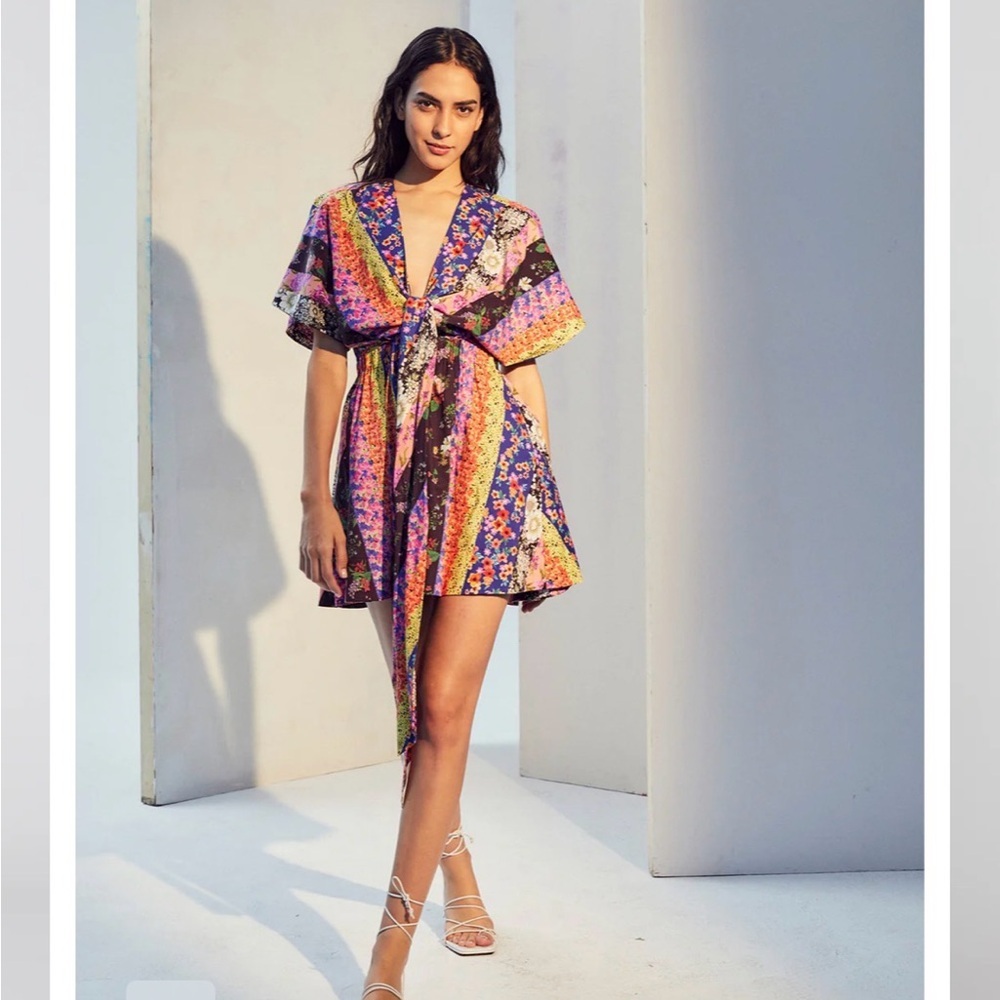 AMUR | Nyla Floral Tie Front Mini Dress colorful printed cotton sz 2 (oversized)